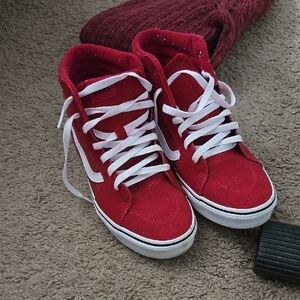 Vans Red and White Canvas High-Top Sneakers